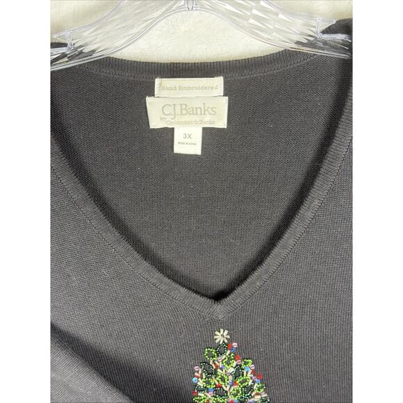 Vintage Y2K Sequined Embroidered Christmas Tree Sweater CJ Banks Black 3XL - Picture 3 of 10